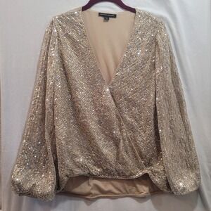 Boston Proper Sequin Blouse Gold Silver Party Surplice Long Sleeve Medium